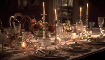 un elegante banquete mesa adornado con lujoso decoraciones y luz de una vela generado por ai foto