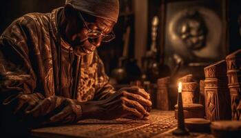 el mayor hombre, participación un libro, meditando en espiritualidad generado por ai foto