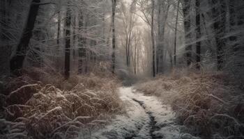 un escalofriante invierno bosque, misterio en el Nevado paisaje generado por ai foto