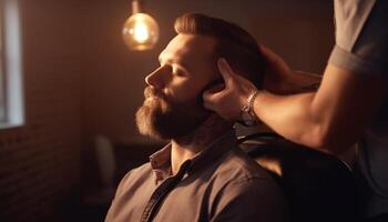 One fashionable man, expertly preparing for a relaxing barber session generated by AI photo