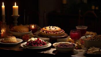 A homemade gourmet cheesecake with chocolate and berry decoration generated by AI photo