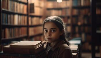 uno linda niña leyendo literatura, rodeado por estantería y libros de texto generado por ai foto