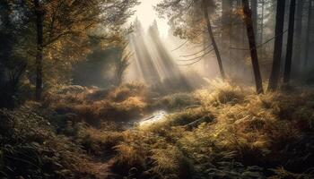 un tranquilo otoño amanecer terminado un brumoso rural bosque paisaje generado por ai foto