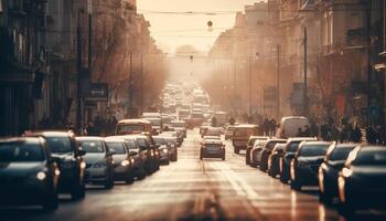 Rush hour traffic blurs into Beijing illuminated skyline at dusk generated by AI photo