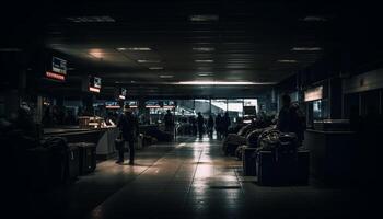 un concurrido subterraneo estación a noche, viajeros corriendo hogar generado por ai foto