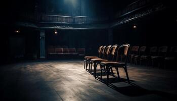 Empty auditorium, dark stage, illuminated by modern lighting equipment generated by AI photo