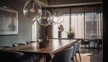 Modern luxury dining room with elegant wood chair and chandelier generated by AI photo