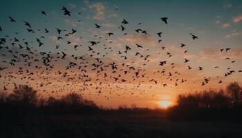 silueta de Gaviota volador medio aire en brillante puesta de sol cielo generado por ai foto