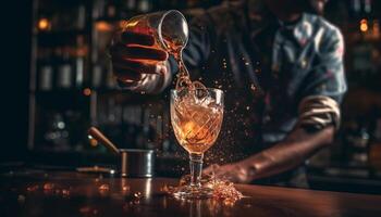 A bartender pours a fresh whiskey cocktail for one happy man generated by AI photo