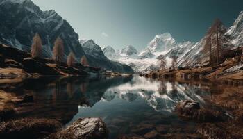 Majestic mountain peak reflects tranquil beauty in nature panoramic landscape generated by AI photo