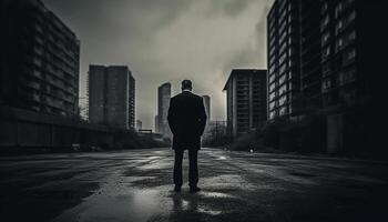solitario empresario en pie en el lluvia, mirando a paisaje urbano generado por ai foto