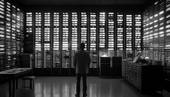 Successful businessman waiting inside modern skyscraper, reflecting on city life generated by AI photo