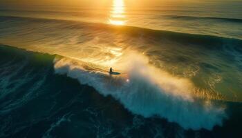 A lone surfer rides the waves at sunset, pure beauty generated by AI photo