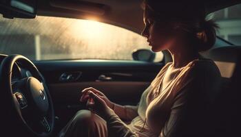 uno mujer conduciendo, disfrutando libertad y ciudad vida belleza generado por ai foto