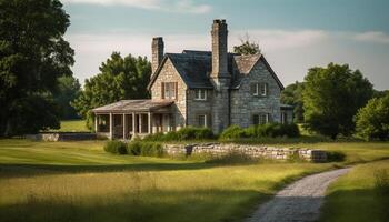 A tranquil meadow with an old fashioned cottage and green turf generated by AI photo