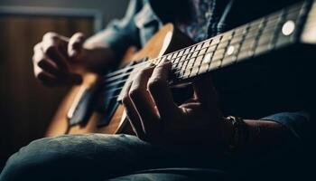 One skilled guitarist playing an acoustic guitar on stage generated by AI photo