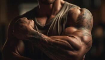 muscular atleta con tatuado torso, hacer ejercicio fuerza en gimnasio generado por ai foto