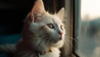 Playful Persian kitten staring out window, watching nature beauty generated by AI photo