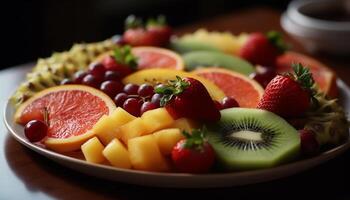 A gourmet fruit salad plate with fresh, ripe, multi colored berries generated by AI photo