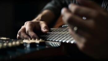 The skilled guitarist fingers pluck chords on his acoustic guitar generated by AI photo