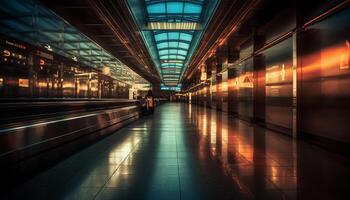 moderno transporte ilumina futurista subterraneo estación con acero y vaso diseño generado por ai foto