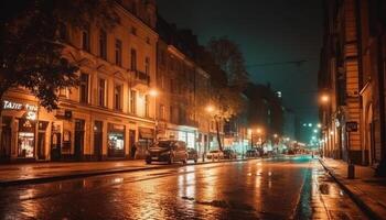 el iluminado ciudad calle refleja el famoso arquitectura a noche generado por ai foto