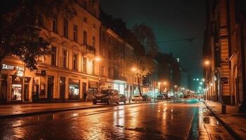 The illuminated city street reflects the famous architecture at night generated by AI photo