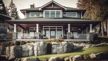 A modern luxury cottage with a formal garden and green lawn generated by AI photo