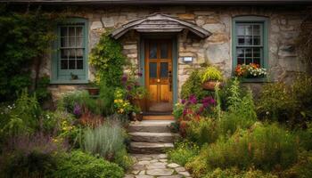 Old cottage with flower pot steps, rustic charm and history generated by AI photo