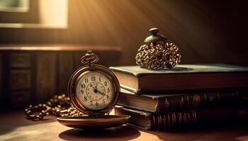 Antique clock on old table marks time for reading success generated by AI photo