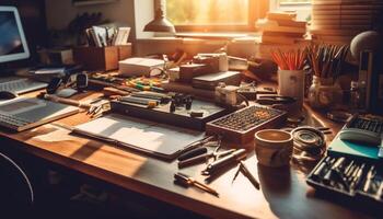 The carpenter workshop was filled with creative woodcraft equipment generated by AI photo