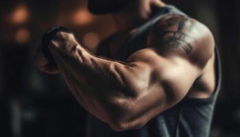 Muscular athlete flexes bicep in gym, embodying masculinity and determination generated by AI photo