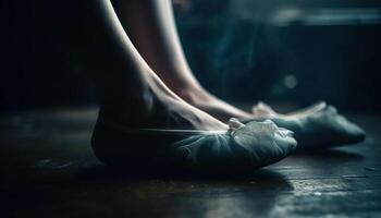 ballet bailarín descalzo elegancia en madera piso en estudio Disparo generado por ai foto