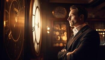 Confident businessman in suit standing at night, holding watch generated by AI photo