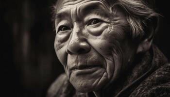 grave mayor mujer con sabiduría y belleza, mirando al aire libre tristemente generado por ai foto