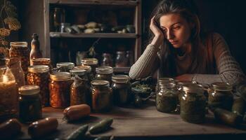 uno mujer participación hierba frasco, sonriente en rústico Doméstico cocina generado por ai foto