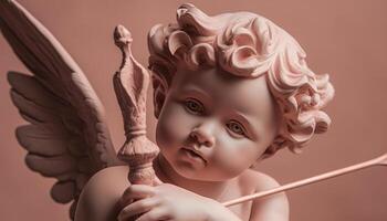 A cute cherub statue holding a feather, smiling with innocence generated by AI photo