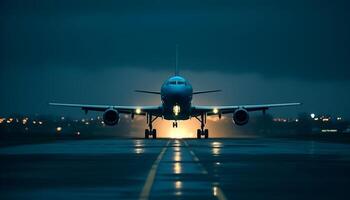 un comercial avión tomando apagado a oscuridad, iluminado por tecnología generado por ai foto