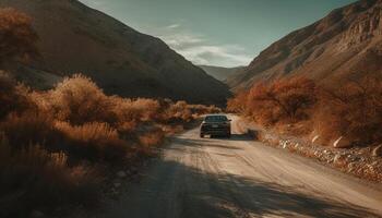conducción mediante el montañas en un apagado la carretera aventura, puesta de sol generado por ai foto