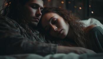 A loving couple embraces in their cozy bedroom at night generated by AI photo