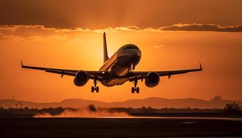 Silhouette of commercial airplane taking off at sunset, transporting passengers generated by AI photo
