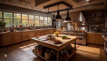 Modern luxury kitchen with stainless steel appliances and marble countertops generated by AI photo