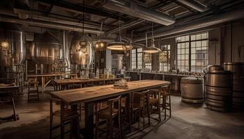 Rustic elegance in a modern winery steel, wood, and wine generated by AI photo