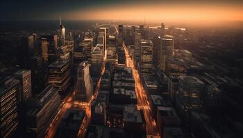 The illuminated financial district glows in the cityscape at dusk generated by AI photo