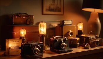 An antique camera and typewriter on a wooden table generated by AI photo