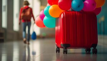 A joyful adventure awaits as one person travels with luggage generated by AI photo