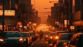 The bustling city street glows with illuminated architecture at dusk generated by AI photo