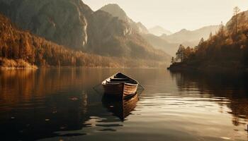 un tranquilo escena de un bote de remos en un brumoso lago generado por ai foto