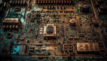 Complexity of semiconductor circuit board reflects futuristic technology industry generated by AI photo