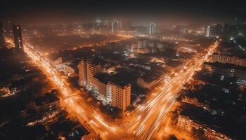 City skyline illuminated at dusk, traffic blurs in motion blur generated by AI photo